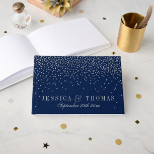 Navy Blue & Glam Silver Confetti Wedding Guest Book