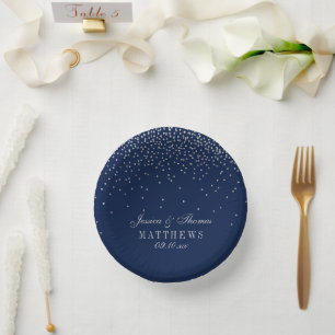 Navy Blue & Glam Silver Confetti Wedding Paper Plate