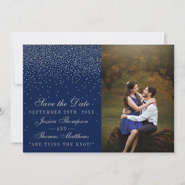 Navy Blue & Glam Silver Confetti Wedding Photo Save The Date (Front)
