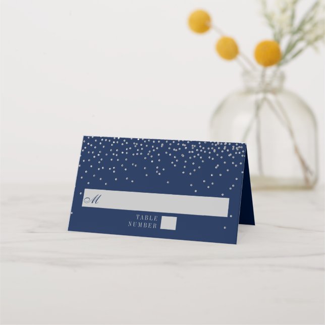 Navy Blue & Glam Silver Confetti Wedding Place Card (Front)