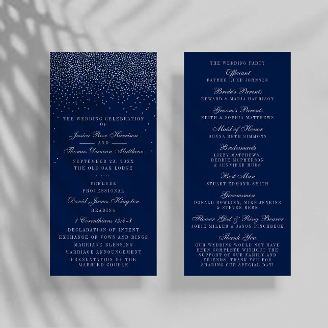 Navy Blue & Glam Silver Confetti Wedding Program Programme (Creator Uploaded)