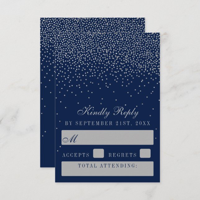 Navy Blue & Glam Silver Confetti Wedding RSVP Card (Front/Back)