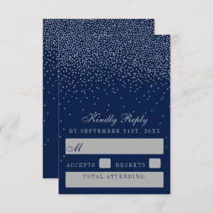 Navy Blue & Glam Silver Confetti Wedding RSVP Card