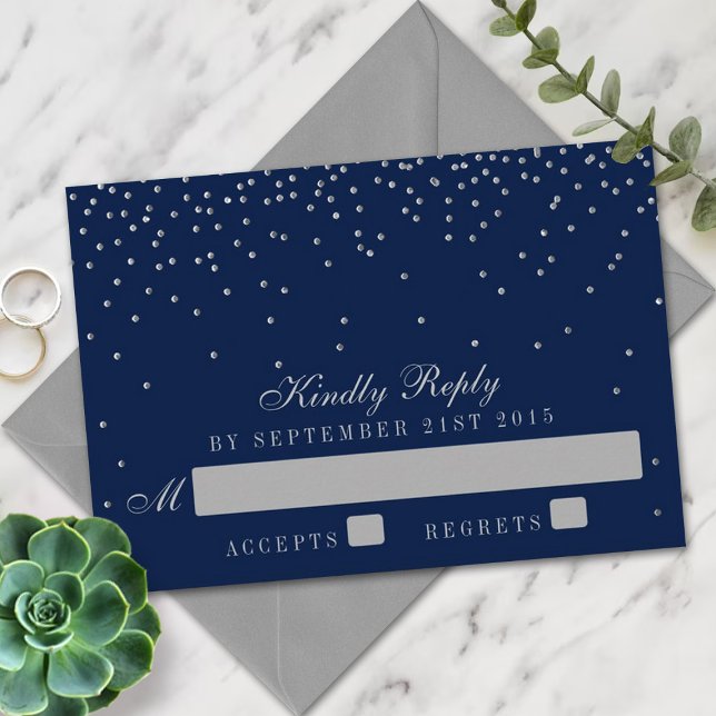 Navy Blue & Glam Silver Confetti Wedding RSVP Card (Creator Uploaded)