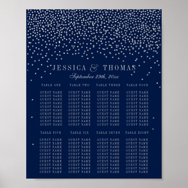 Navy Blue & Glam Silver Confetti Wedding Seating Poster (Front)