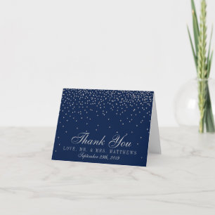 Navy Blue & Glam Silver Confetti Wedding Thank You