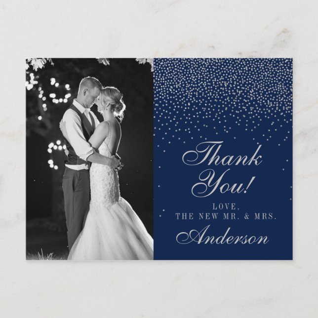 Navy Blue & Glam Silver Confetti Wedding Thank You Announcement Postcard (Front)