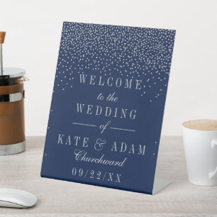 Navy Blue & Glam Silver Confetti Wedding Welcome Pedestal Sign