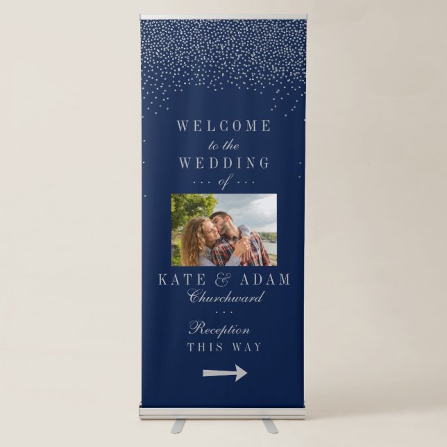 Navy Blue & Glam Silver Confetti Wedding Welcome Retractable Banner (Front)