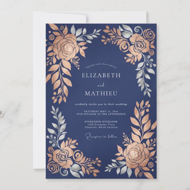 Navy Blue Glistening Botanical Wedding Invitation (Front)