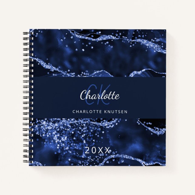 Navy blue glitter agate marble monogram notebook (Front)