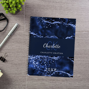 Navy blue glitter agate marble monogram notebook