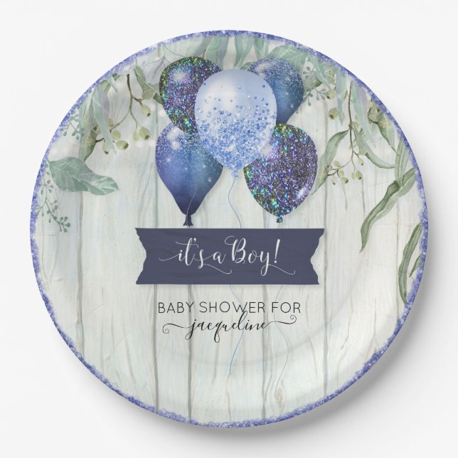 Navy Blue Glitter Balloons Eucalyptus Baby Shower Paper Plate (Front)