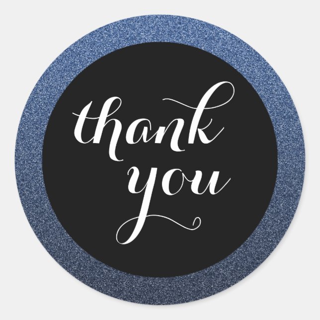 Navy Blue Glitter Black Thank You Favour Sticker (Front)