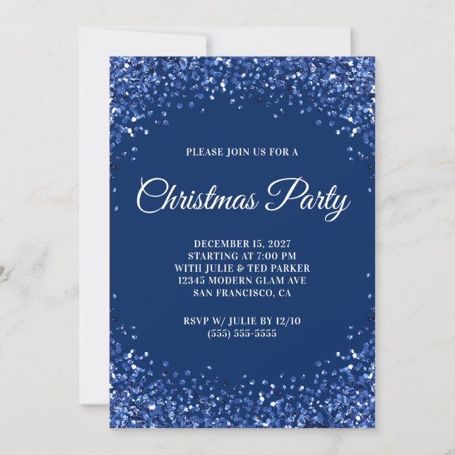 Navy Blue Glitter Border Christmas Party Invitation (Front)