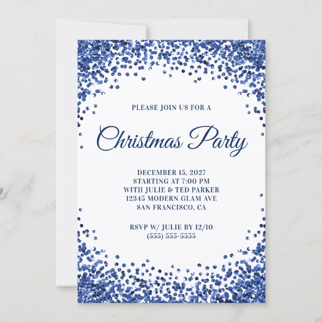 Navy Blue Glitter Border White Christmas Party Invitation (Front)
