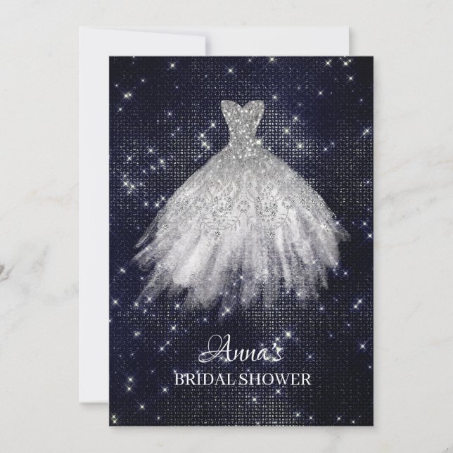 *~* Navy Blue Glitter Bridal Dress Gown Shower Invitation (Front)