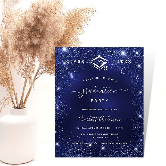 Navy blue glitter budget graduation invitation (Creator Uploaded)