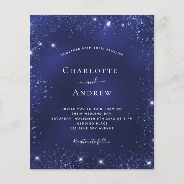 Navy blue glitter  budget wedding invitation flyer (Front)