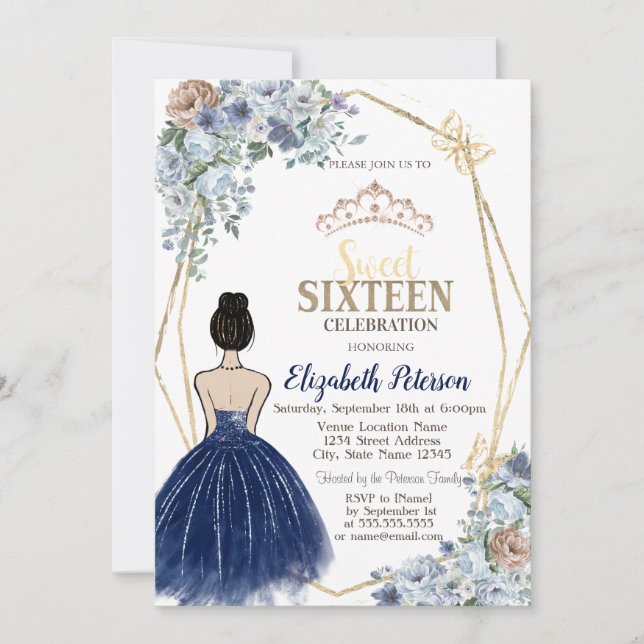 Navy Blue Glitter Dress, Blue Flowers Sweet 16 Invitation (Front)