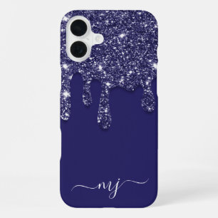Navy Blue Glitter Drip Custom Monogram iPhone 16 Plus Case