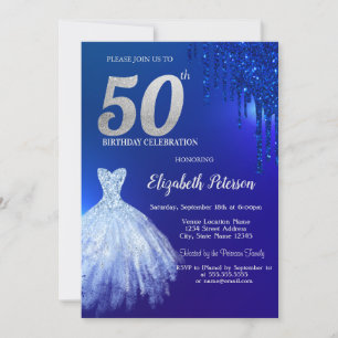 Navy Blue Glitter Drips,Dress Blue 50th Birthday Invitation
