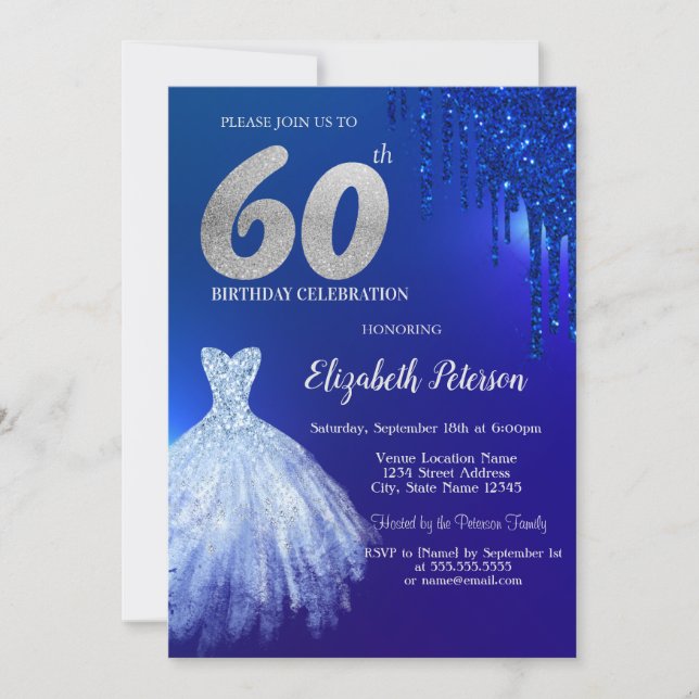 Navy Blue Glitter Drips,Dress Blue 60th Birthday Invitation (Front)