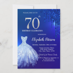 Navy Blue Glitter Drips,Dress Blue 70th Birthday Invitation