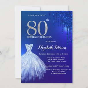 Navy Blue Glitter Drips,Dress Blue 80th Birthday Invitation
