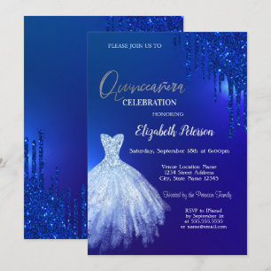 Navy Blue Glitter Drips,Dress Blue Quinceañera Invitation