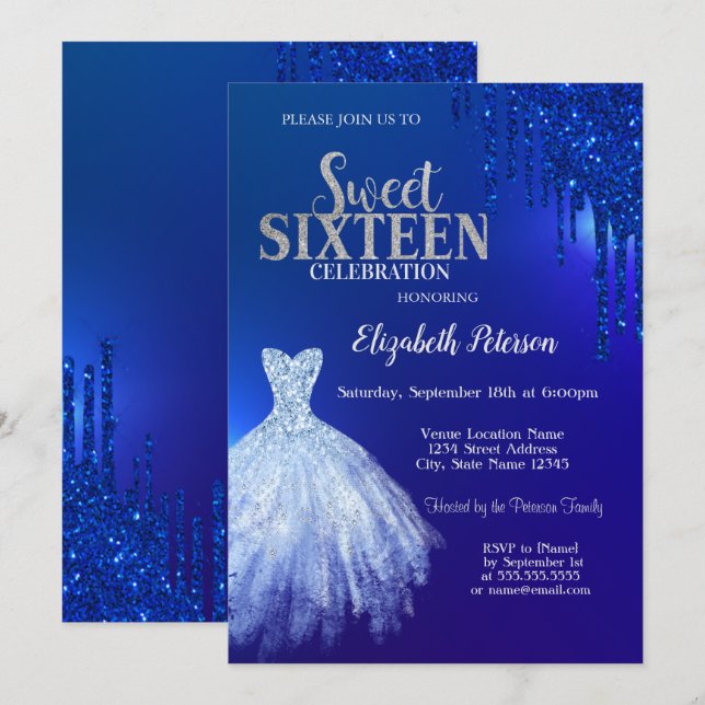 Navy Blue Glitter Drips,Dress Blue Sweet 16  Invitation (Front/Back)