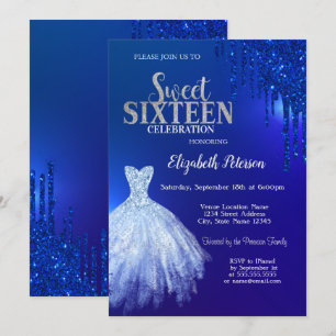 Navy Blue Glitter Drips,Dress Blue Sweet 16  Invitation