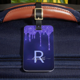 Navy blue glitter drips monogram luggage tag