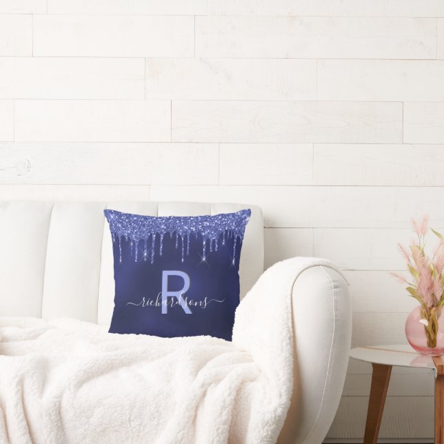 Navy blue glitter drips monogram name cushion (Couch)