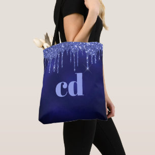 Navy blue glitter drips monogram tote bag