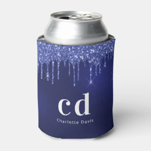 Navy blue glitter drips white monogram name can cooler