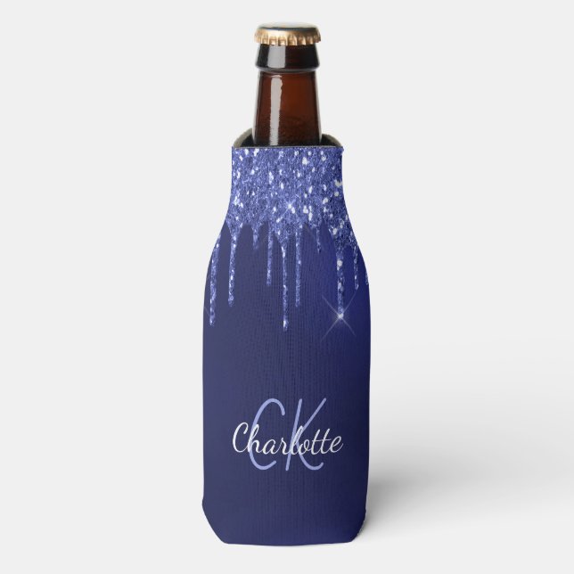 Navy blue glitter drips white name bottle cooler (Bottle Front)