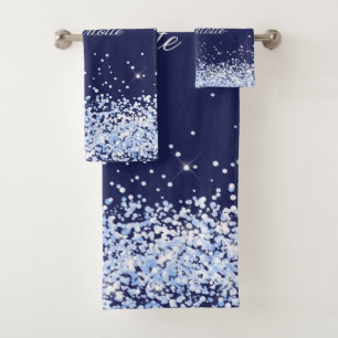 Navy blue glitter dust name bath towel set