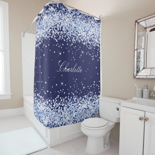 Navy blue glitter dust name monogram elegant shower curtain (In Situ)