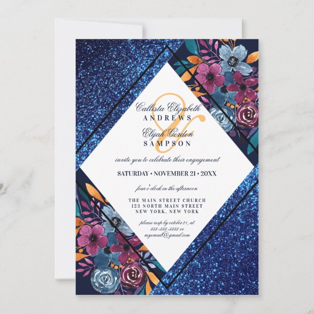Navy Blue Glitter Floral Watercolor Engagement Invitation (Front)