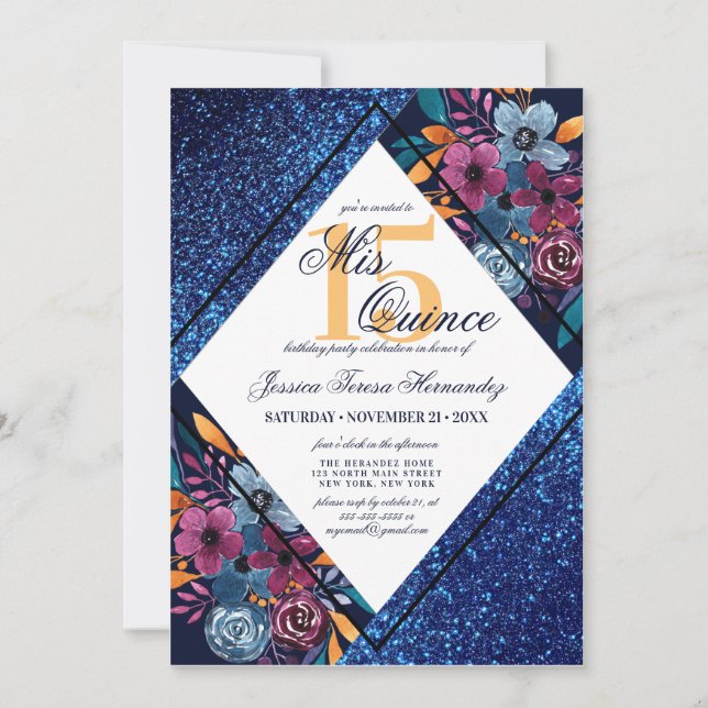 Navy Blue Glitter Floral Watercolor Mis Quince Invitation (Front)