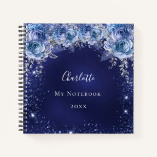 Navy blue glitter flowers name diary notebook
