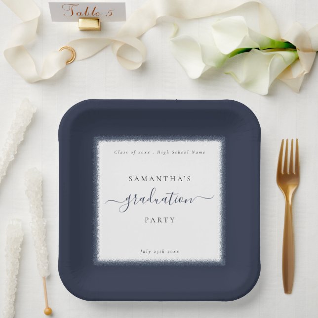 Navy Blue Glitter Frame Name Year Graduation Party Paper Plate (Wedding)