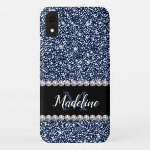 Navy Blue Glitter & Gems with Name and Monogram iPhone XR Case
