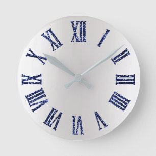 Navy Blue Glitter Gray Silver Ombre Minimal Black Round Clock