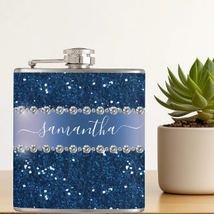 Navy Blue Glitter Look Bling Personalised Metal Hip Flask