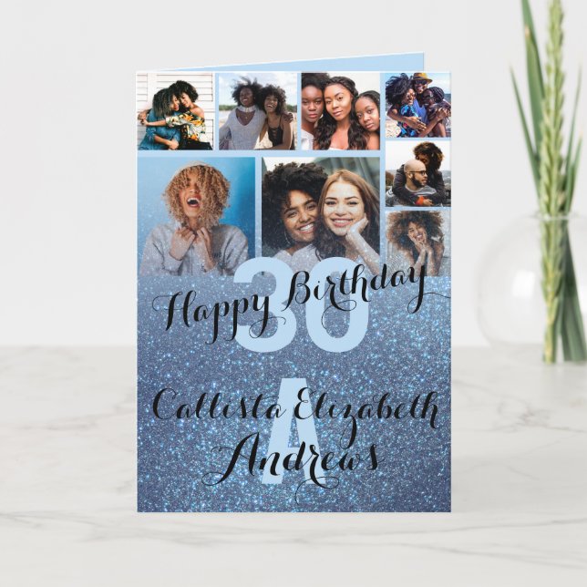 Navy Blue Glitter Photo Collage Happy Birthday Card (Front)
