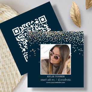 Navy Blue Glitter Photo   Social Media   QR Code   Square Business Card