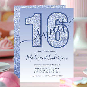 Navy Blue Glitter Script Sweet 16 Birthday Party Invitation
