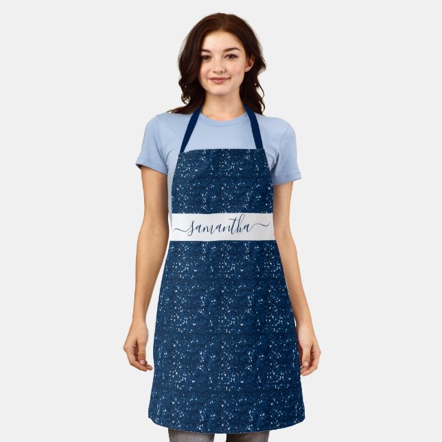 Navy Blue Glitter Sequin Personalised Script Apron (Worn)